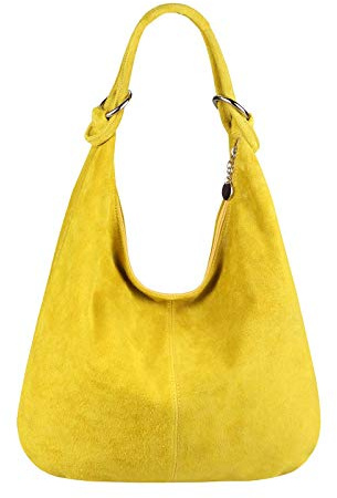OBC Made in Italy Damen XXL Ledertasche Leder Wildleder Shopper Tasche Schultertasche Umhängetasche Hobo-Bag Beuteltasche (Hellgelb)