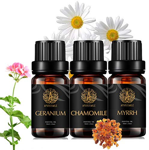 Set di oli essenziali per aromaterapia, camomilla per diffusore, 3 x 10 ml, 100% puro olio essenziale di mirra per umidificatore, mirra, camomilla, geranio, olio essenziale per aromaterapia, geranio