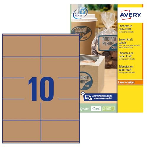 AVERY Zweckform L7108-25 Kraftpapier Etiketten (250 Aufkleber zum Bedrucken, 105x57mm auf A4, selbstklebend, rechteckige Recycling Etiketten, nachhaltige Produktaufkleber) 25 Blatt, naturbraun