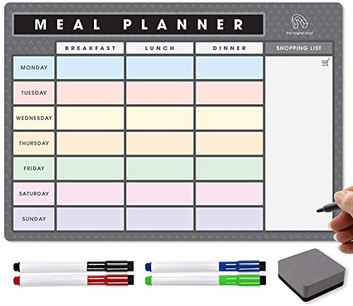 TMS A4 Weekly Meal Planner for Fridge | Magnetic Whiteboard Calendar and Shopping List | Use for Food Prep and Family Planning | Dry Wipe Memo Board for Kitchen | Made in the UK [30 x 21cm]
