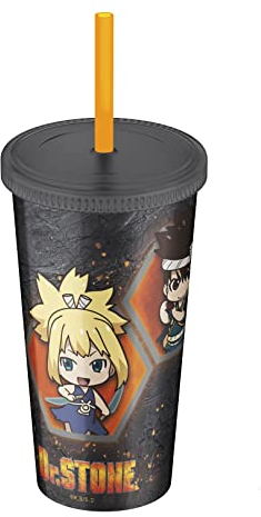 ABYSTYLE Dr. Stone - Bicchiere in plastica da 470 ml, con cannuccia riutilizzabile e coperchio a tenuta stagna, senza BPA, con motivo anime Senku, Taiju, Kohaku e Gen Manga, regalo essenziale per la