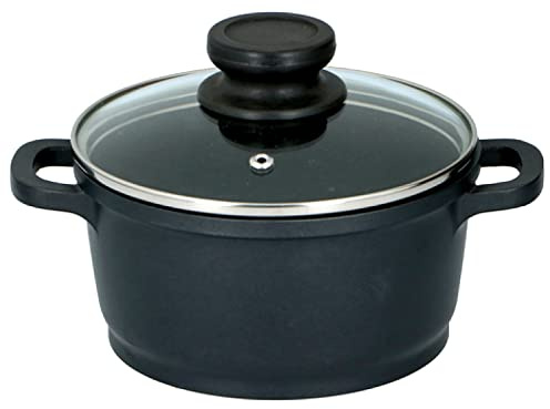 Casseruola in alluminio pressofuso con coperchio in vetro, sicuro per induzione, rivestimento in teflon, adatto al forno, nero (16 cm)