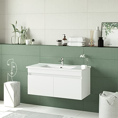 ROOMART • Badmöbel Set • Atria • 65 cm, 85 cm, 100 cm • Weiß • Waschbecken mit Unterschrank (100 cm)