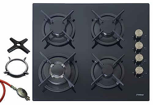 Phönix PG-604ST Gaskochfeld 4 flammig Glas Gaskocher Einbauherd + Gasschlauch-Regler-Set + WOK-Aufsatz + Herdkreuz