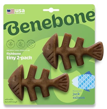 Benebone Tiny 2-Pack Fishbone Durable Dog Chew Toys, Real Fish Flavor, Made in USA