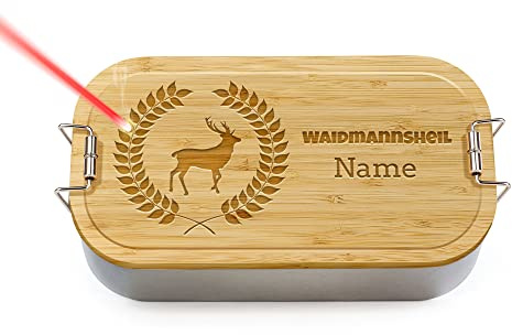 Print Royal PR Brotdose mit Gravur selbst gestalten - mit Name personalisieren, Waidmannsheil - Geschenke für die Jagd, Jäger, Waidmann, Outdoor - Lunchbox, Holzdeckel, BPA-frei, 600 ml