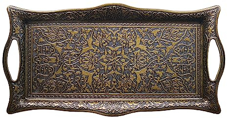 Metal Serving Tray With Raised Edges - Vintage Design Rectangular Platter, Turkish Ottoman Coffee Tea Beverage Square Tray (Aged Yellow)
