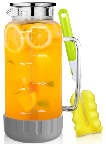 Aofmee Water Jug for Fridge, 2L Glass Jug with Lid and Silicone Base, Fridge Jar with Spout and Precise Scale Line, Pitcher Carafe for Milk Juice Coffee Sangria Cold or Hot Beverages, Anti-Slip (Grey)