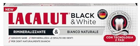 LACALUT Black & White Zahnpasta, professionelle Zahnaufhellung, Remineralisiert den Zahnschmelz, professionelle Aufhellung, Aktivkohle, 75 ml