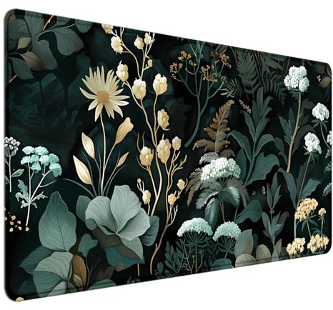 HUOCAIREN Schreibtischunterlage mit grünem Blumenmuster, schwarze ästhetische XXL-Mauspads, schwarze Schreibtischmatte, grüne Pflanze, großes niedliches Mauspad, Büro-Schreibtischzubehör, Geschenke