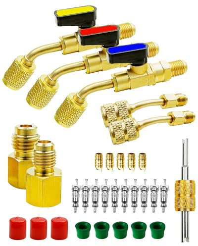 Valvola a sfera compatta angolata per condizionatore d'aria refrigerante per HVAC R410A R134A R12 R22 HVAC, kit di raccordi a bassa perdita, adattatore per pompa a vuoto, guarnizione per tubo