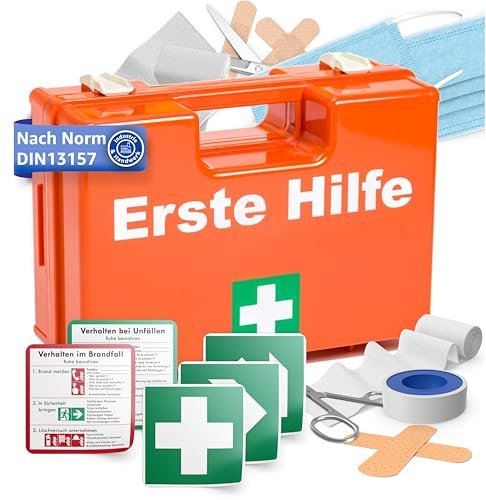 Erste Hilfe Koffer - DIN 13157 Kasten für Wand & Zuhause & Betrieb - & 5x Aufklebern - Verbandskasten orange - inkl. Wandhalterung
