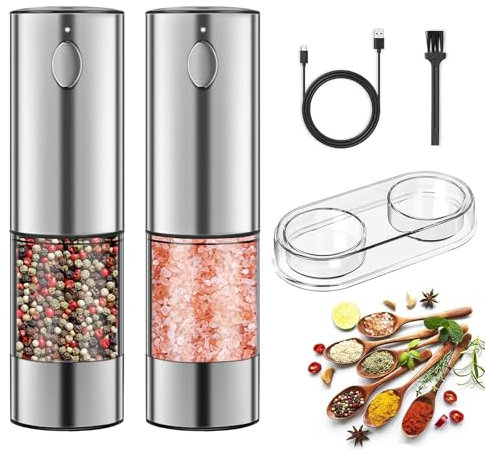 Sliver Glass with Base Electric Salt and Pepper Grinder Set,Haomacro USB Rechargeable Pepper Mill Salt Grinder,Electric Pepper Grinder,Refillable Salt and Pepper Shakers 2 Pack
