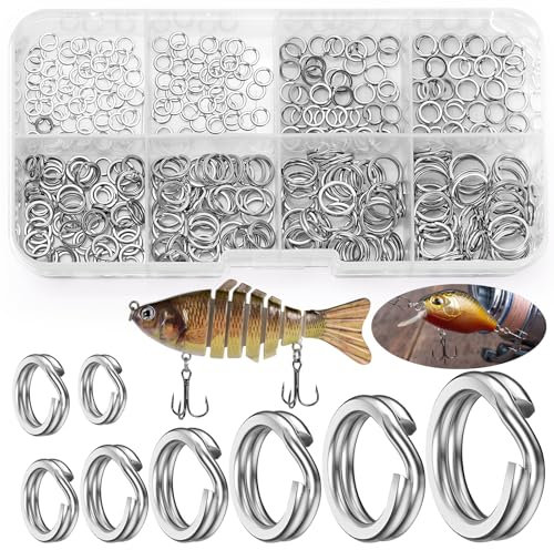 Realure 300 Stück Fishing Sprengring Set, Edelstahl Sprengringe Angeln 8mm 7mm 6mm 5mm 4.5mm 4mm 3.5mm 3mm Sprengring Set, Doppel Kreis Split Ringe, für Angelzubehör Fischen Haken Köder Wirbel Angeln