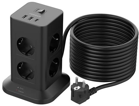 TESSAN Regleta Enchufe Proteccion Sobretension 8 Tomas con 2 USB A y 1 USB C, Torre Regleta Vertical con Interruptor, Alargador Enchufe 10 Metros, Torre Multiple 3600W para Mesa, Oficina, Casa, Negro