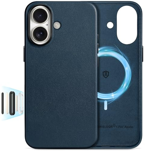 SHIELDON Lederhülle für iPhone 16 6,1 5G 2024, Marineblau | Kabelloses Laden, Magnete Schutzhülle, Echtleder, Kamerasteuerung, Anti-Fingerabdruck, Dünne Case