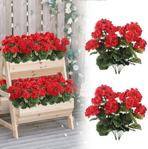 Funvalley Surperfect Künstliche rote Geranienblumen, UV-beständig, realistische Seiden-Kunstpflanzen für drinnen und draußen, Balkon, Fensterkasten, Heimdekoration, 4 Stück