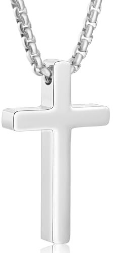 Aretas Small Stainless Steel Cross Pendant Necklace for Men Boys Him Christian Confirmation Baptism Easter Jewelry Gifts, Chain Necklace 20 Inches