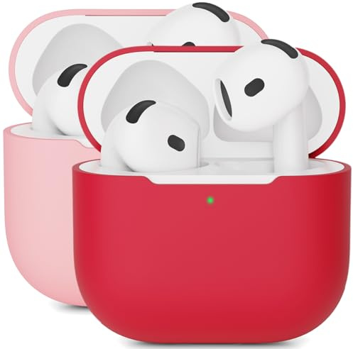 Mocarheri 2PCS Custodia in Silicone Compatibile con AirPods 4 2024,Custodia protettiva in silicone per AirPods 4,Custodia antiurto in silicone morbido,LED Frontale Visibile (Rosa/Rosso)