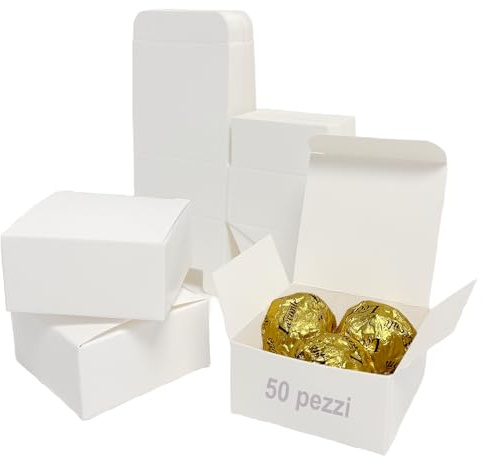 Festa Centro Scatoline Carta Kraft Bianche Quadrate 6x6x3 cm 50Pz | Con Coperchio, Facile da Assemblare, Per Bomboniere, Per Compleanni e Matrimoni