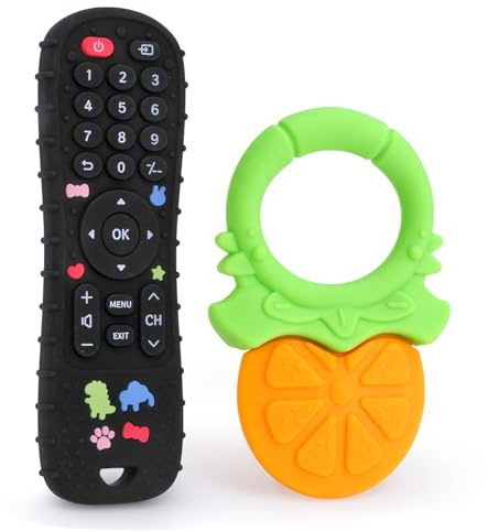 GNAWRISHING Baby Teething Toys for Babies 0-36 Months, 2Pcs Food Grade Silicone Teethers, Infant Teething Relief, Baby Teething Toys TV Remote Control and Fruit Teether Shape