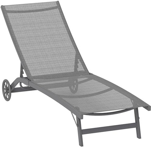 Outsunny Sonnenliege mit Rolle, Gartenliege Alu Liegestuhl mit 5-Fach verstellbare Rückenlehne, wetterfeste Campingliege, Gartenstuhl bis 150 kg belastbar, für Garten Urlaub Strand Pool, Dunkelgrau
