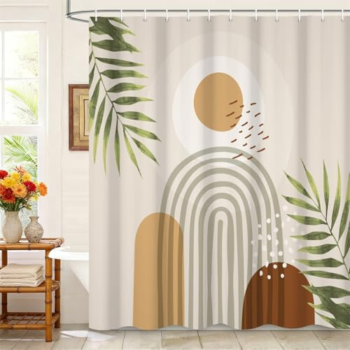 Kzzfqxb Duschvorhänge im Boho Stil 183x213cm mit Haken, Mid Century Bogen Beige Braun Sonnen Kreise grüne Blätter Moderne Kunst wasserdicht für Bad, Polyesterstoff ästhetisches Dekor für Badezimmer