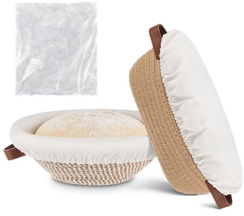 Beeveer Set di 2 cestini per il pane in corda di cotone, include cestini per il pane rotondi da 22,9 cm e ovali da 25,4 cm, con rivestimento in panno e 100 coperture usa e getta per ciotole, regali