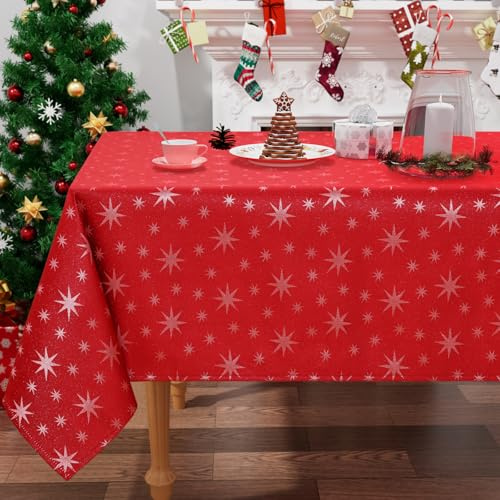 Homaxy Tischdecke Weihnachten Abwaschbar 140x240cm Rot | Weihnachtstischdecke mit weißem Sternenmuster Wasserabweisend Lottusffekt Fleckschutz für Küche Party Deko