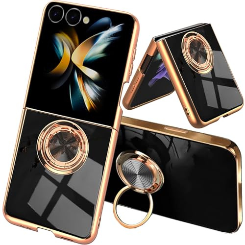 ILING fodral till Samsung Galaxy Z Flip 7 5G (Z Flip7 5G) med 360 graders ringstativ, lyxigt galvaniserat guldkantsdesign mjuk TPU silikon stöttåligt ultratunt damskydd (svart)