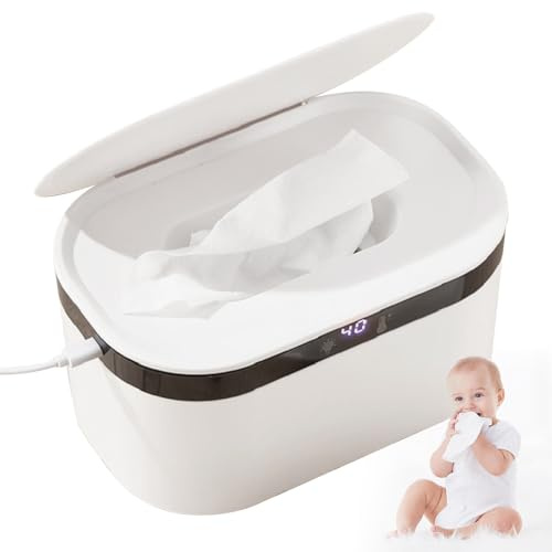 Baby Wipe Warmer, Portable Wet Wipe Warmer with Night Light, Large Capacity Heated Wipes Dispenser with 5 Levels of Temperature Adjustment, Temperature Display for Babies Home Car Travel, White