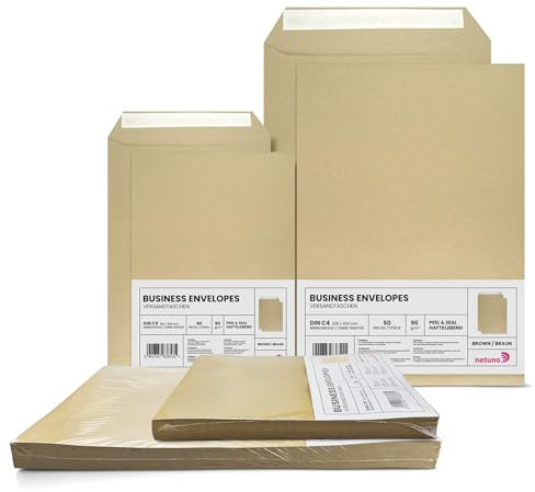 Netuno 100 stycken fraktpåsar DIN C4 & DIN C5 (50 vardera) brun utan fönster 90 g/m² kraftpapper kuvert självhäftande med dekaler för fakturor brev dokument maxibrev kuvert stora