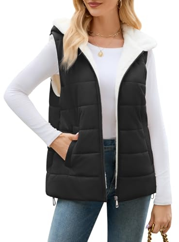 Yuson Girl Gilet For Women UK Quilted Windproof Padded Outerwear Vest Sleeveless Puffy Jacket Hooded Body Warmer Outdoor Waistcoat Lightweight Autumn Winter Coats For Ladies(Black, XXL)