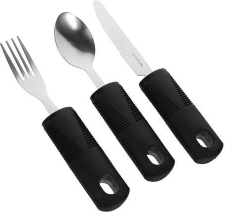 GLEAVI Cubiertos Adaptativos para Ancianos Juego Acero Inoxidable con Mango Antideslizante Utensilios Portátiles para Personas con Temblor y Discapacidad Herramientas de Alimentación y