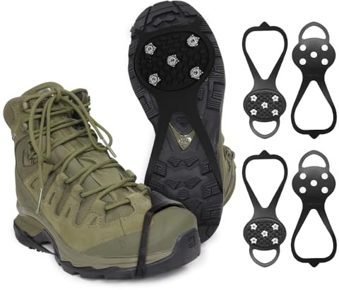 Riisoyu 2 Paar Steigeisen Leichte, Anti Rutsch Schuhspikes mit 5 Edelstahl Zähne Spike Ice Klampen Grödel Eisspikes Schuhkralle Schneekette Crampons für EIS Schnee Wandern Bergschuhe Trekking Winter
