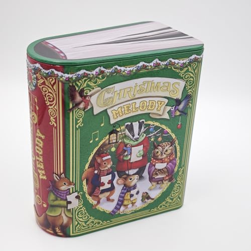 MediMuc Piccola scatola per libri Xmas Song verde, scatola di Natale, contenitore per biscotti, barattolo di latta goffrato e stampato per uso alimentare, vol. 1,75 l, dimensioni: 17,5 x 15,2 x 8,8 cm