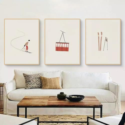 Ueiwffzo 3er Poster Set, Skifahren Kunstposter Leinwandbilder, Wintersport Wandbilder Wohnzimmer Bilder, Ohne Rahmen Kunstposter (30x40cm)