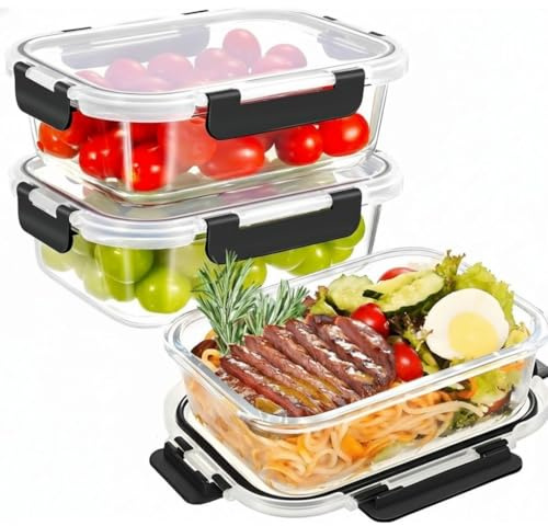 MINIMARG 3 Pack Large Food Prep Glass Containers With Lids, Leak Proof Glass Meal Prep Containers Reusable Food Storage Containers With Lids, 35oz (Black (Single Compartment-3 Pack))