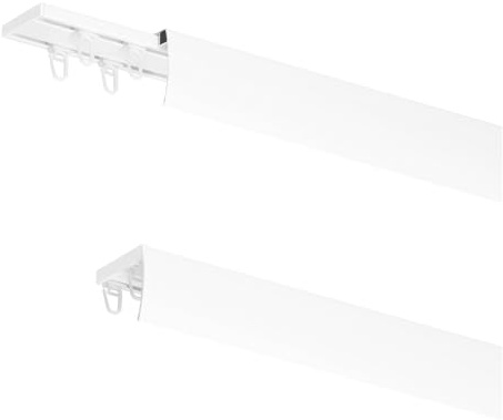 MDEKOR LED-tauglich Vorhangschiene aus Aluminium 400 cm für Deckenmontage - ZWEISEITIGE Schiene in Weiß mit stabilen METALL-Halterungen, inkl. mit Gleitern/Haken selbstklebende Abdeckblende