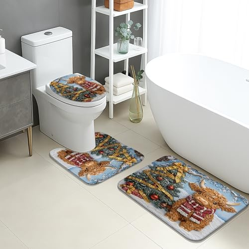 Weihnachts-Badematten-Set, 3-teilig, niedliches Hochlandkuh, Weihnachtsbaum, saugfähig, rutschfest, WC-Vorleger, U-förmig, waschbar, festliches Tier, schnell trocknend, Flanell-Badezimmerteppich-Set