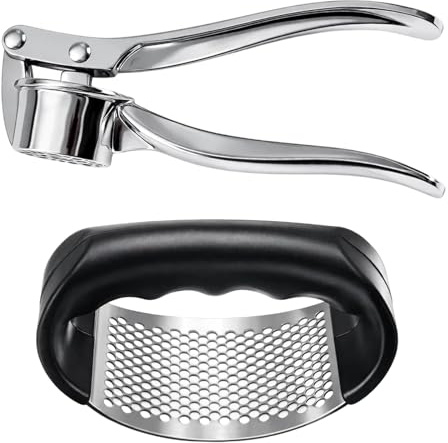 Knoblauchpresse Spülmaschinenfest, 2-teiliges Set mit Langstiel und Handpresse, Ideal für Küche und Kochen, Maße 15,5 x 5 cm ﻿