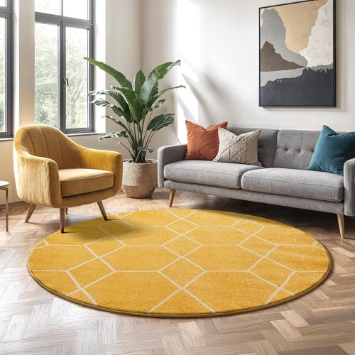 SANAT Wohnzimmerteppich – Pflegeleicht, für jeden Raum geeignet – Öko-Tex zertifizierter Flächenteppich – Trellis Muster, Gelb, 120 cm Rund