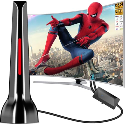 Antenne TV Intérieur Puissante TNT HD 2025, Antenne TNT Intérieur Amplifiée pour Téléviseur Intelligent, antennes TNT Compatible DVB-T2, 4K 1080P pour Chaînes Locales, Base Magnétique, Câble 3m