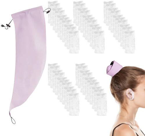 THXFUNAREA Pferdeschwanz Schutzhülle Wasserdichte + 50x Einweg-Ohrschützer Set,Verstellbare Crown Wash Duschhaube,Haarwasch-Pony-Kappe,Wiederverwendbar für Pool,Spa,für Frauen mit langen Haaren
