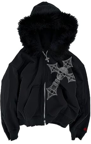 Eauptffy Y2K Felpa con cappuccio da uomo con zip Up Giacca con cappuccio in pelliccia Streetwear Gothic Steampunk Cappotto Hip Hop Felpa Vintage con cappuccio Y2K Giacca sportiva corta, V nero., S