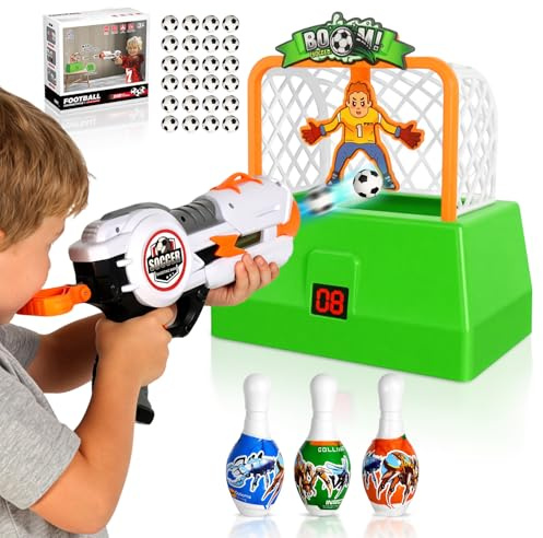 PRISJOY Kids Shooting Game Toy Set,Soccer Game for Kids,Including 24 Foam Soccer Balls and 3 Foam Bowling Pins,LCD Score Record,Indoor Outdoor Birthday Gift for Kids Boys and Girls Ages 3+Years Old