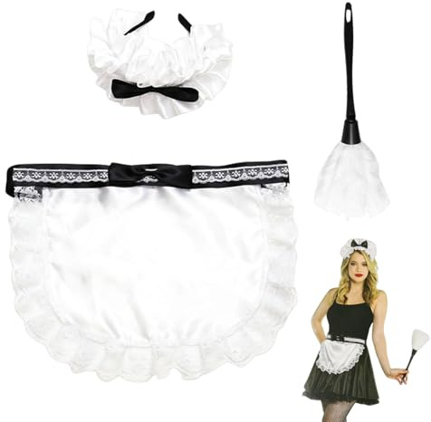 Accessoires Costume de servante française - Set de 3 pièces Halloween avec bandeau, tablier et plumeau | Taille, matériau en tissu pour cosplay et jeu de rôles | Pour femme Halloween, mascarade