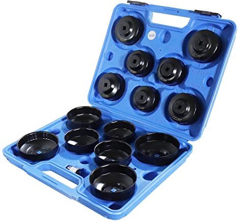 CCLIFE 15-tlg Universal Ölfilter Schlüssel Set aus Stahlblech14 Ölfilterkappen 65-100mm 3/8 & 1/2 Adapter für alle Ölfiltertypen Profi Ölwechsel-Werkzeug