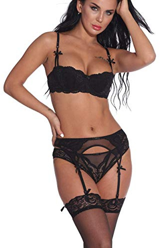 Bluewhalebaby - Set lingerie sexy da donna, confortevole, reggiseno push-up con ferretto e slip, in pizzo fine, con cintura a giarrettiera opzionale Nero con reggicalze 3B