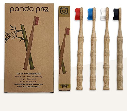 Natural Bamboo Toothbrushes (4 Pack) - Eco Friendly Gifts - Medium Soft BPA Free Anti-Bacterial Charcoal Infused Tapered Bristles - Teeth whitening - Biodegradable Ergonomic Wooden Handle